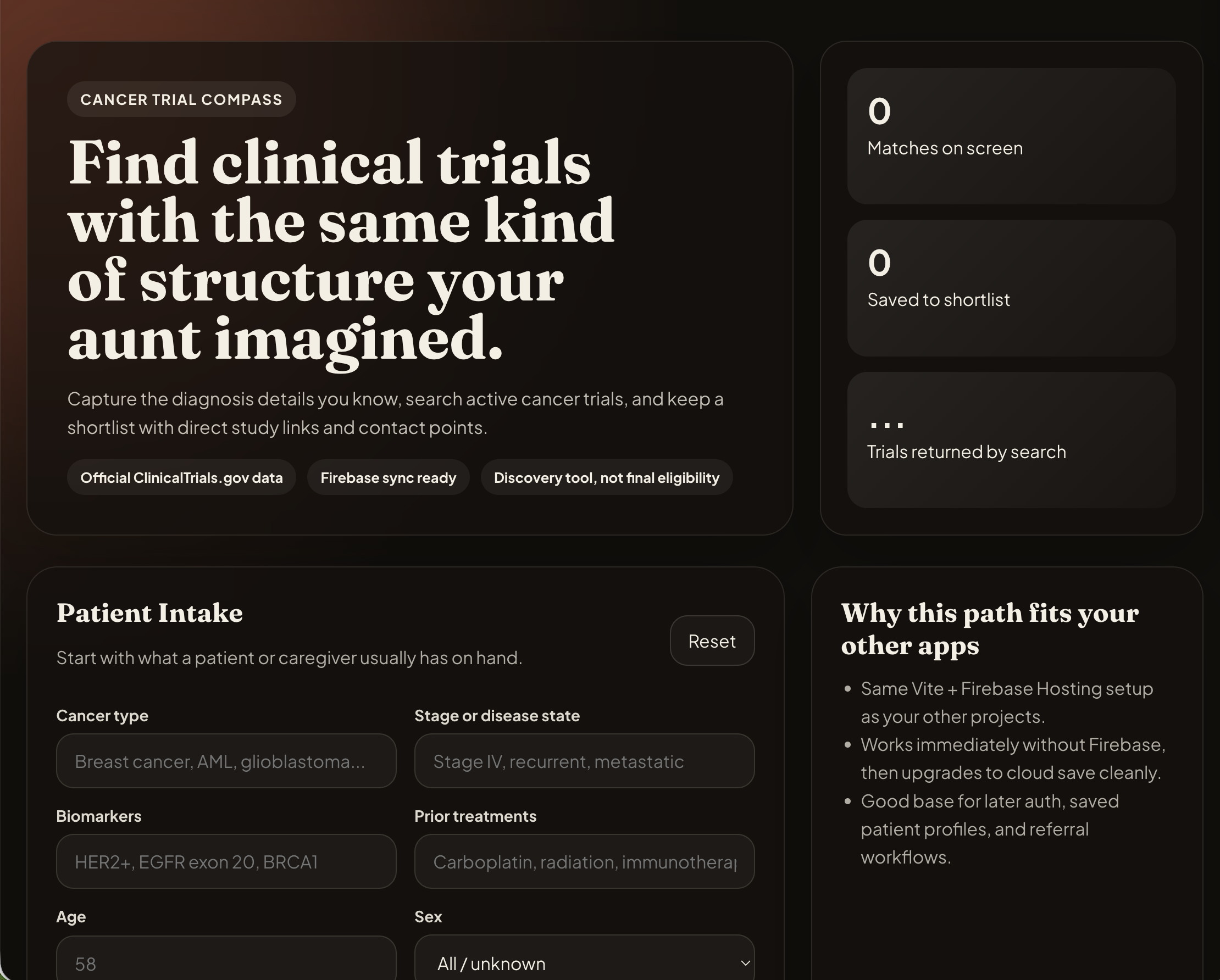 Cancer Trial Compass app overview screen