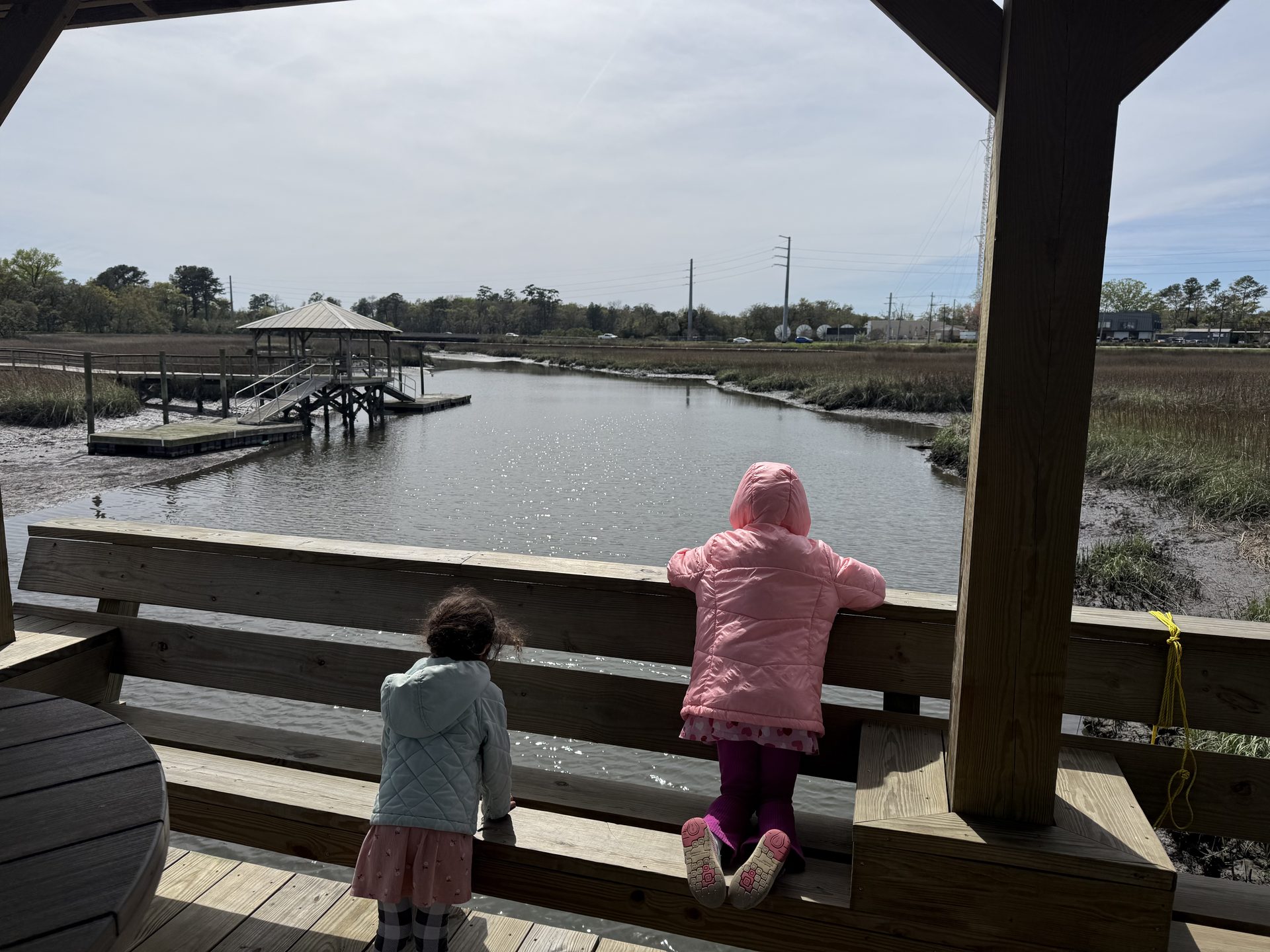 Two children leaning on a wooden railing on a covered dock, looking out over a tidal marsh creek
