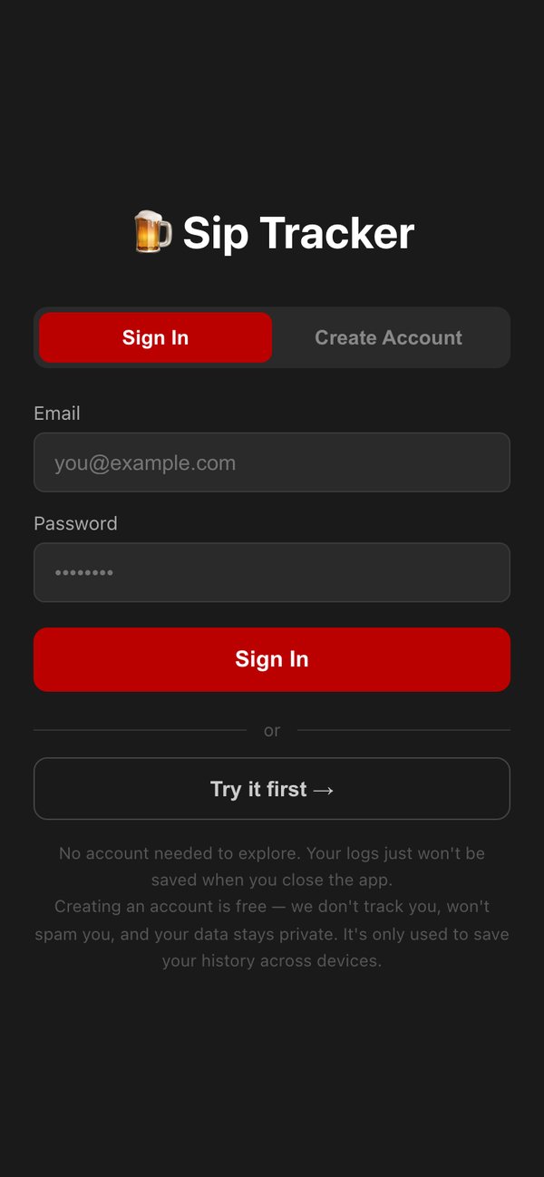 Sip Tracker login screen with Try it first option