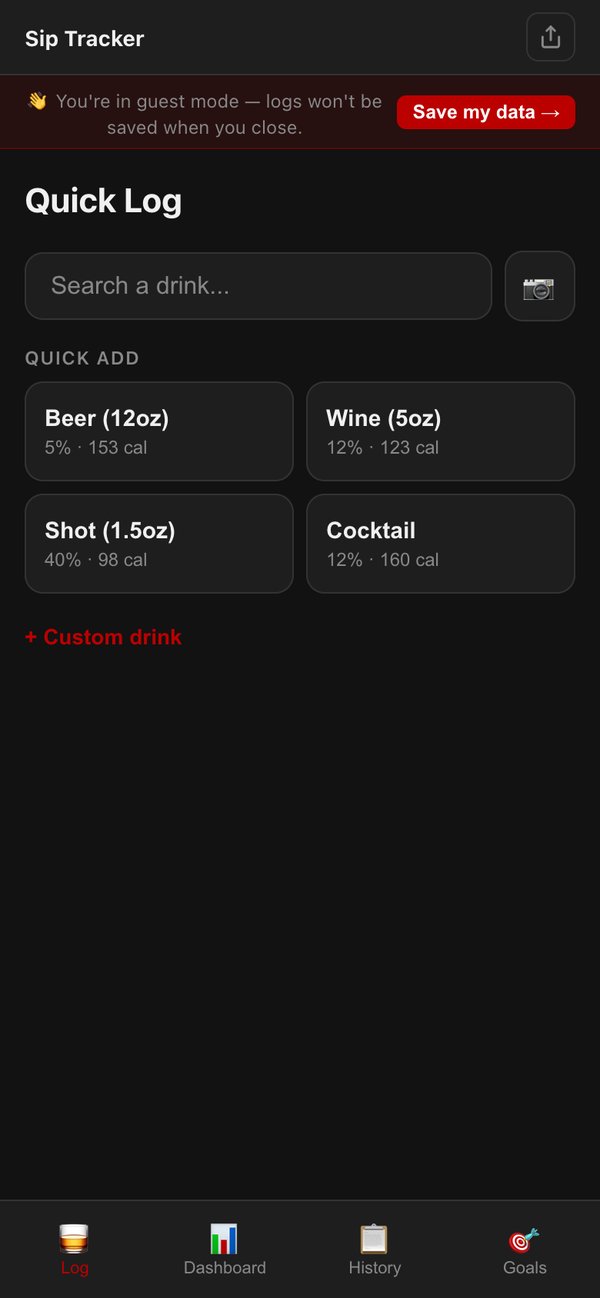 Sip Tracker Quick Log screen with guest mode banner