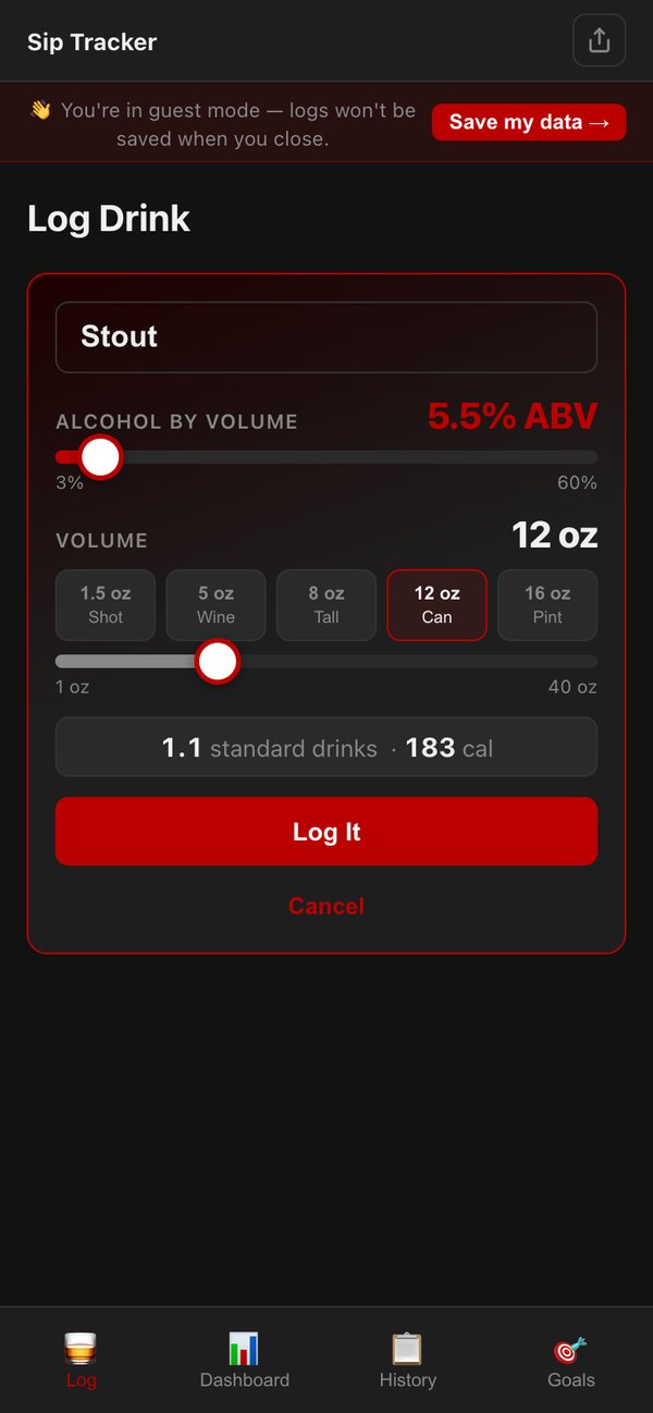 Sip Tracker drink editor showing ABV slider and live standard drink calculation