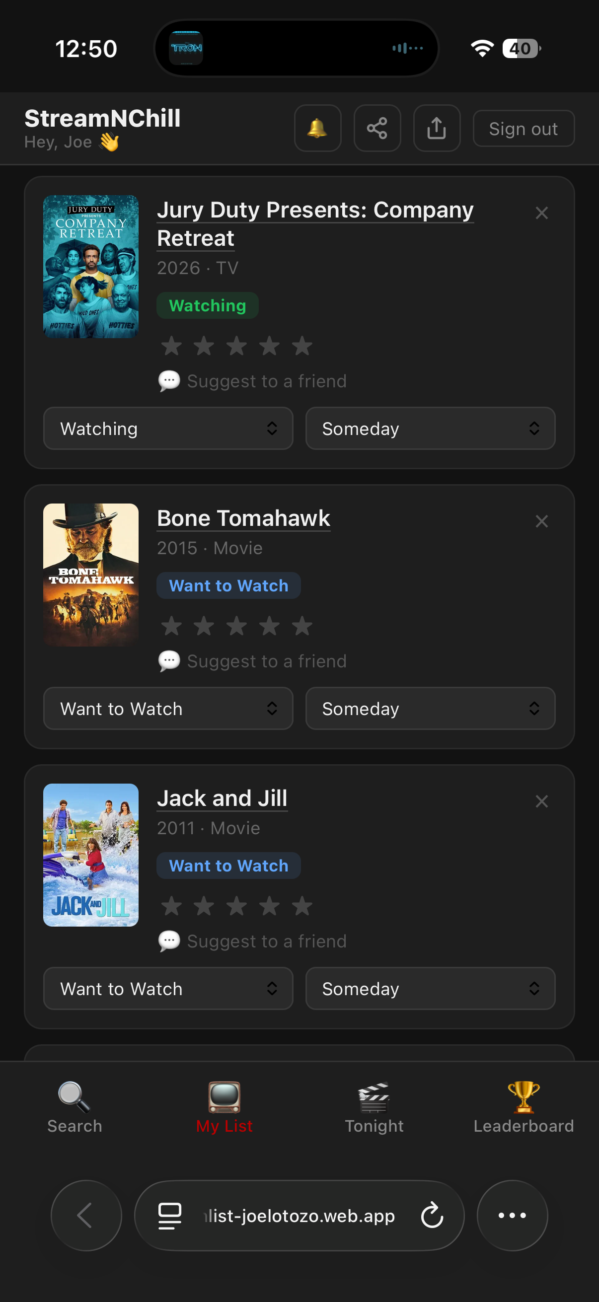 StreamNChill My List screen