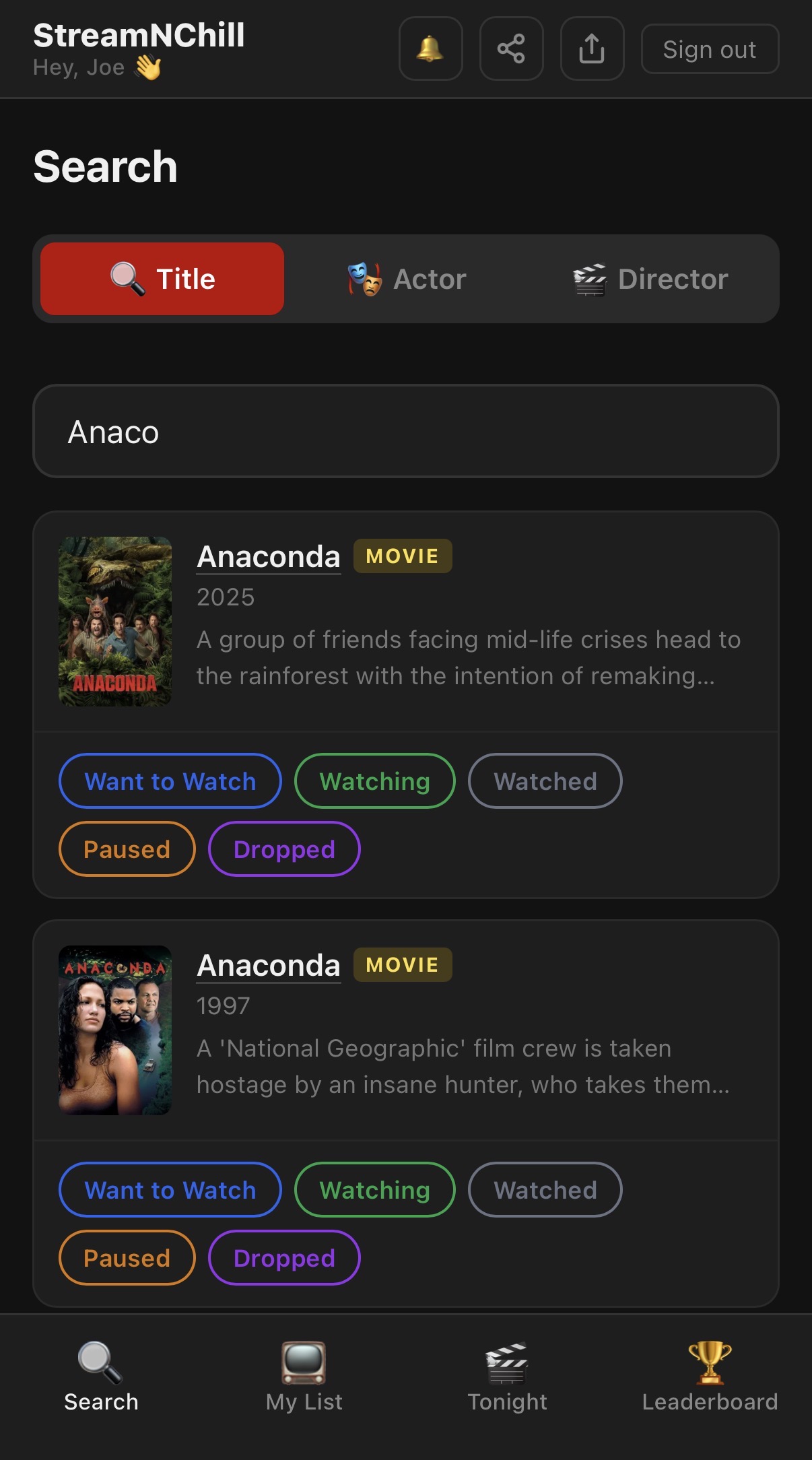 StreamNChill search filtered by streaming service