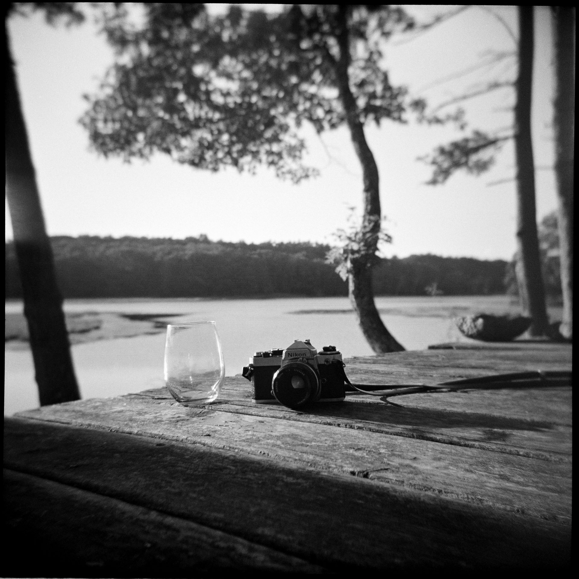 Nikon FE camera and wine glass on a dock table, Maine lake behind — Holga, Ilford HP5 Plus