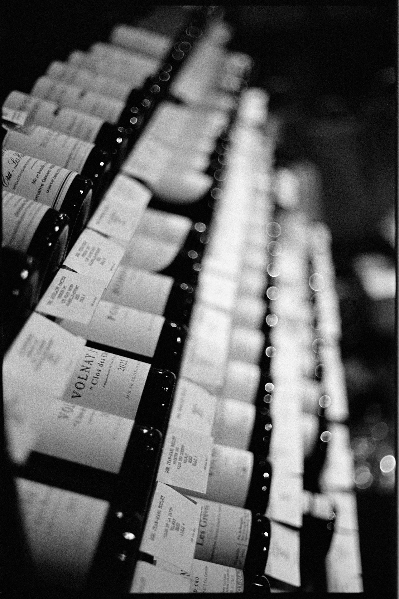 Wine bottles in diagonal rows in a Paris cellar — Ilford HP5