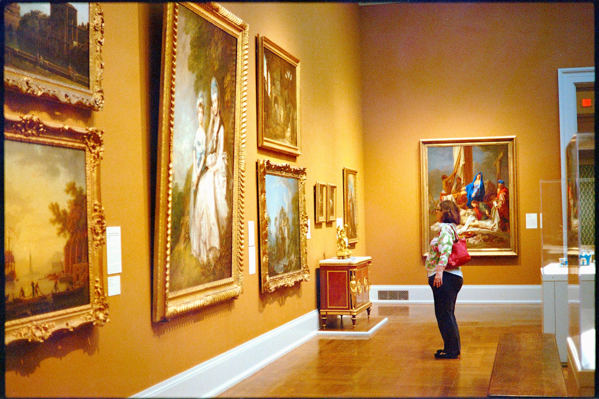 Woman studying old master paintings in the Toledo Art Museum — Kodak Portra 800
