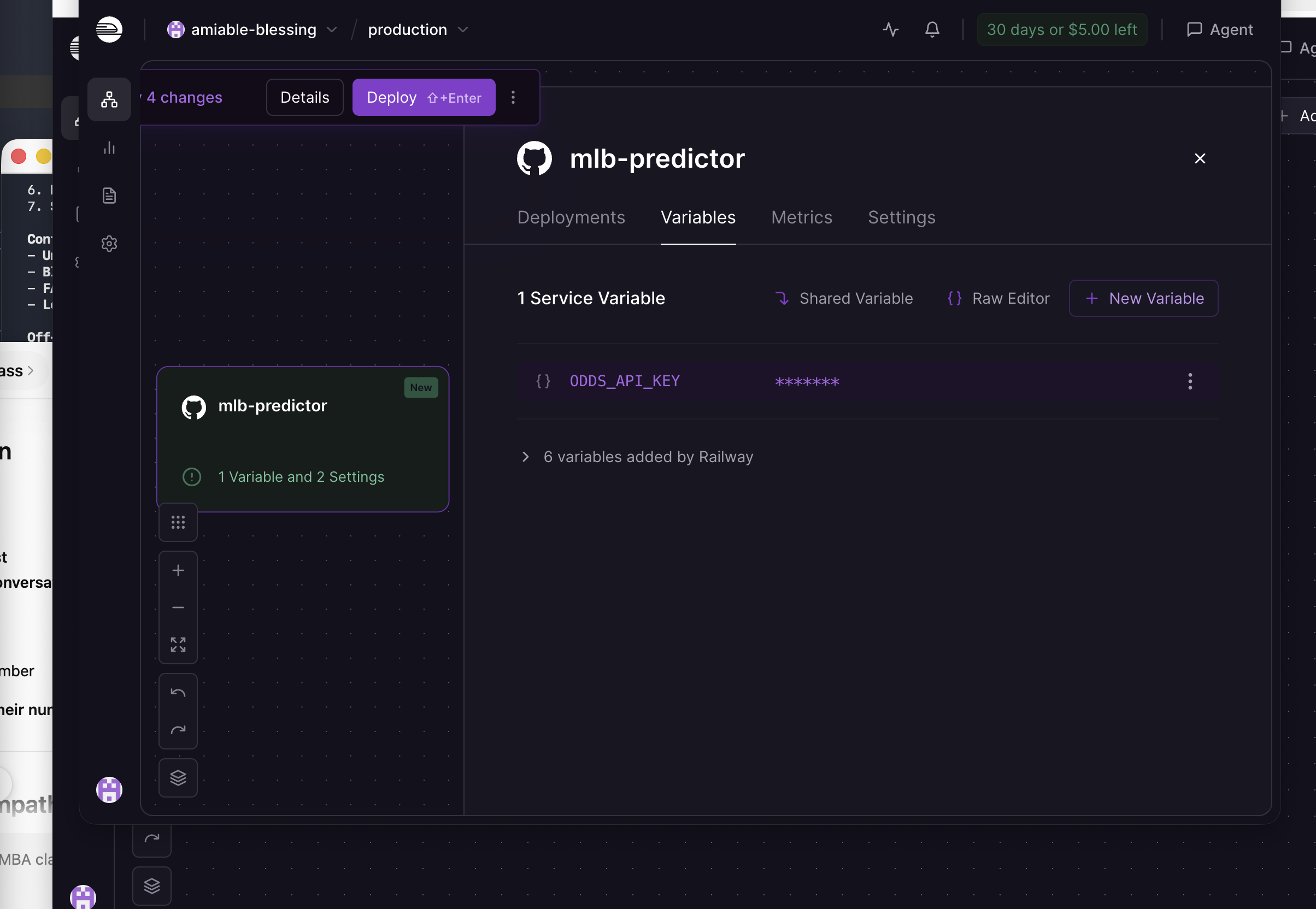 Railway variables tab showing ODDS_API_KEY